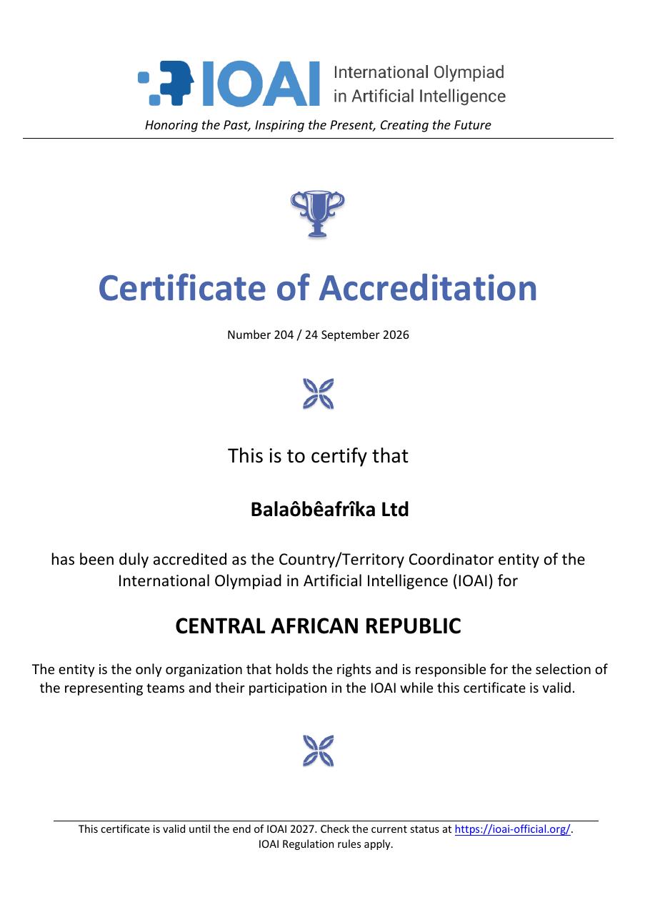 Aperçu du certificat d’accréditation IOAI numéro 204 de Balaôbêafrîka